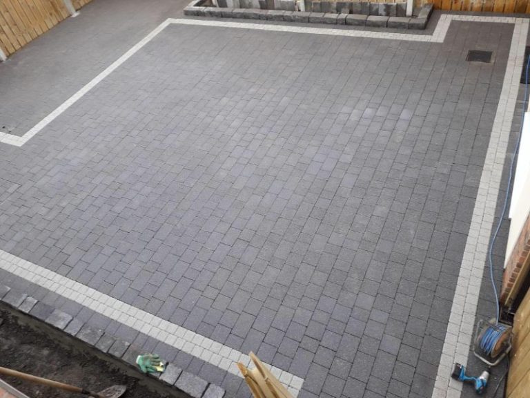 Grey cobblelock patio with square design installed in Dublin