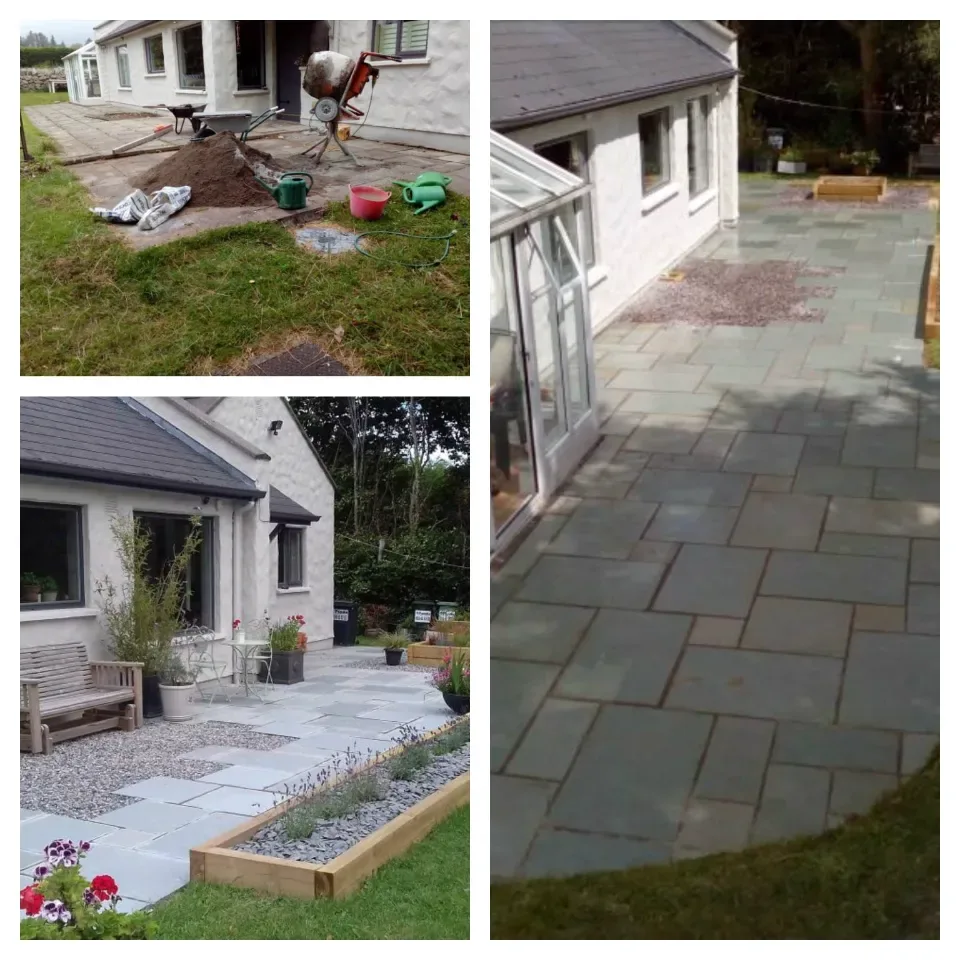 Before and after limestone patio with garden beds