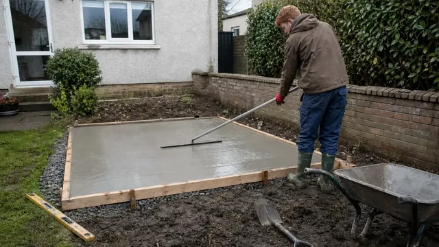 Concrete base being levelled in a Dublin back garden ready for a garden room
