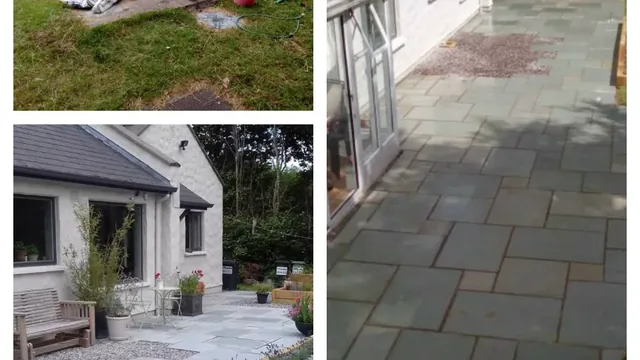 Finished limestone patio with planted garden beds beside an Irish house