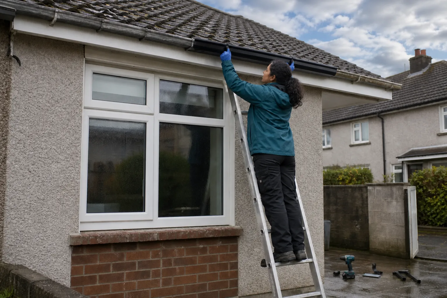 New black PVC guttering being fitted to a house in Galway
