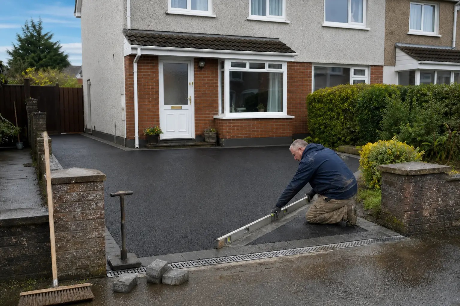 Fresh tarmac driveway with block edging being finished at a Cork home