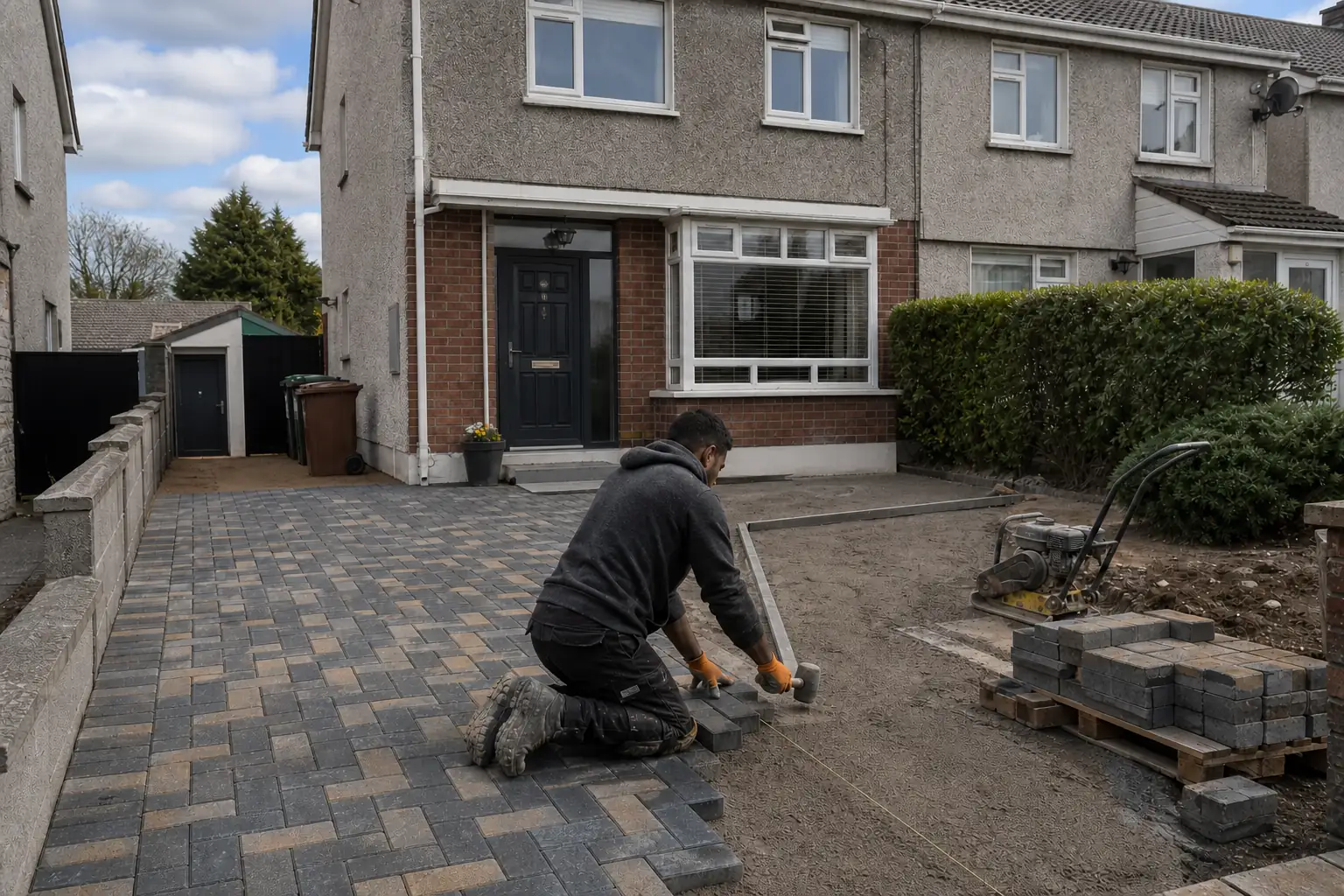Block paving being installed on a residential driveway in Dublin