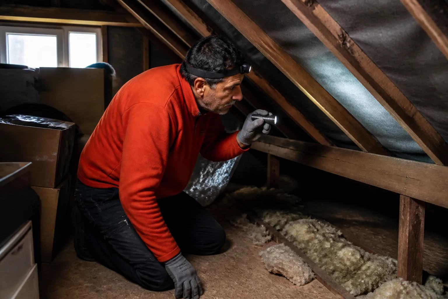 Pest control technician inspecting the attic of a Galway home