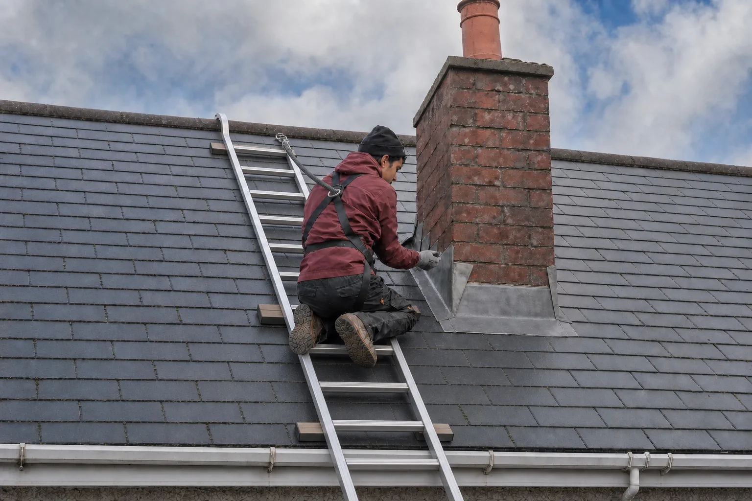 Roofer repairing lead flashing around a chimney in Cork