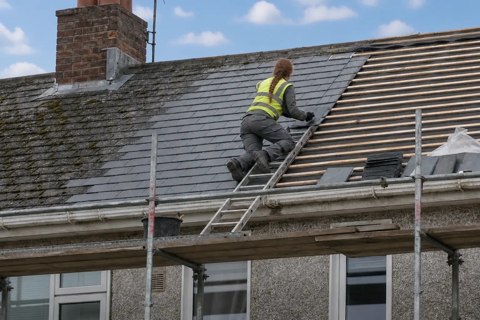 Roofer replacing slates on a residential roof in Dublin