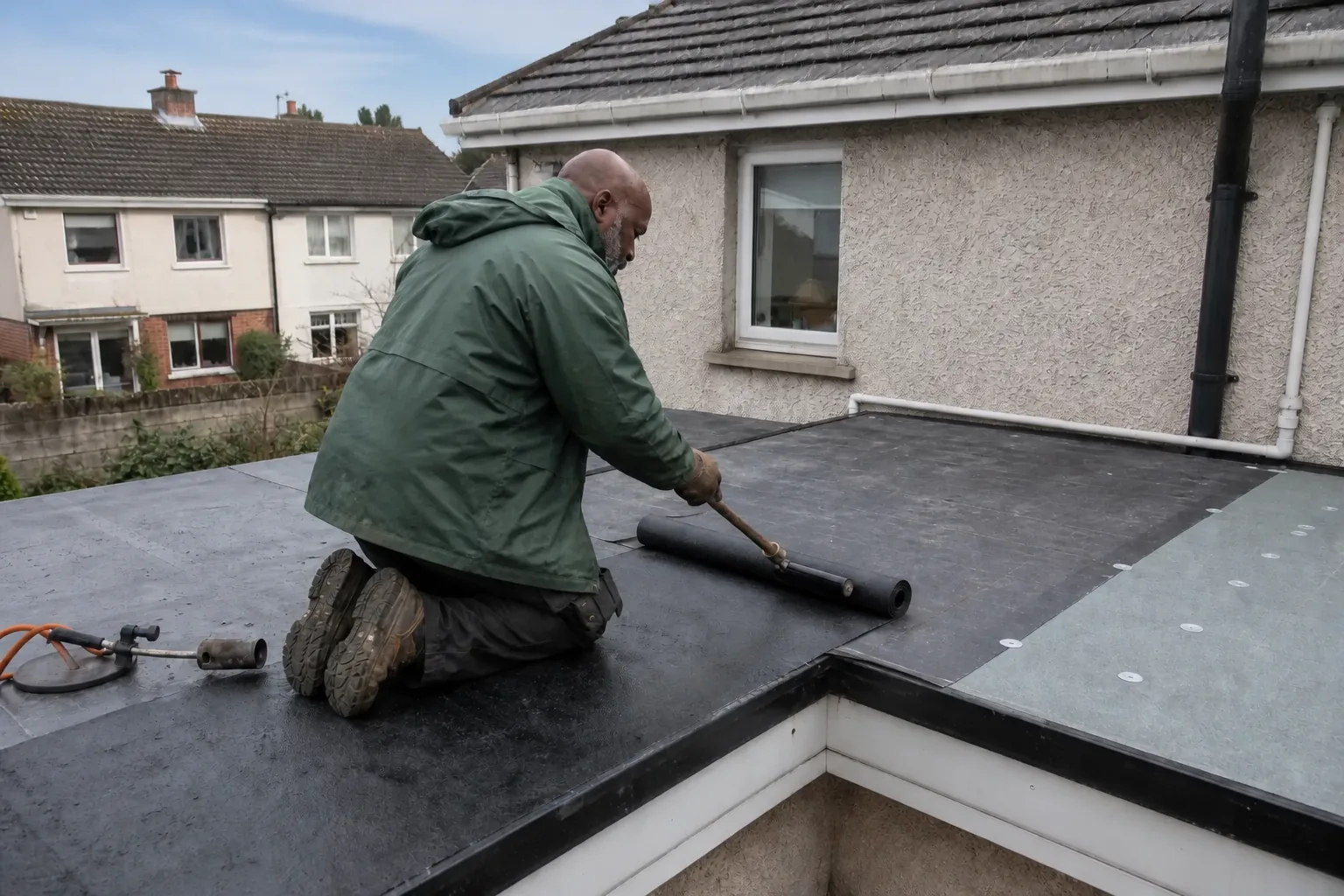 Flat roof membrane being installed on a residential extension in Limerick
