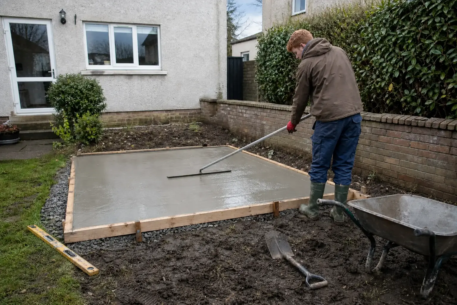 Concrete shed base being levelled in a Dublin back garden