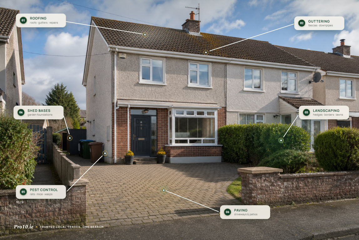 Irish suburban home annotated with contractor trades including roofing, guttering, landscaping, paving, pest control and shed bases